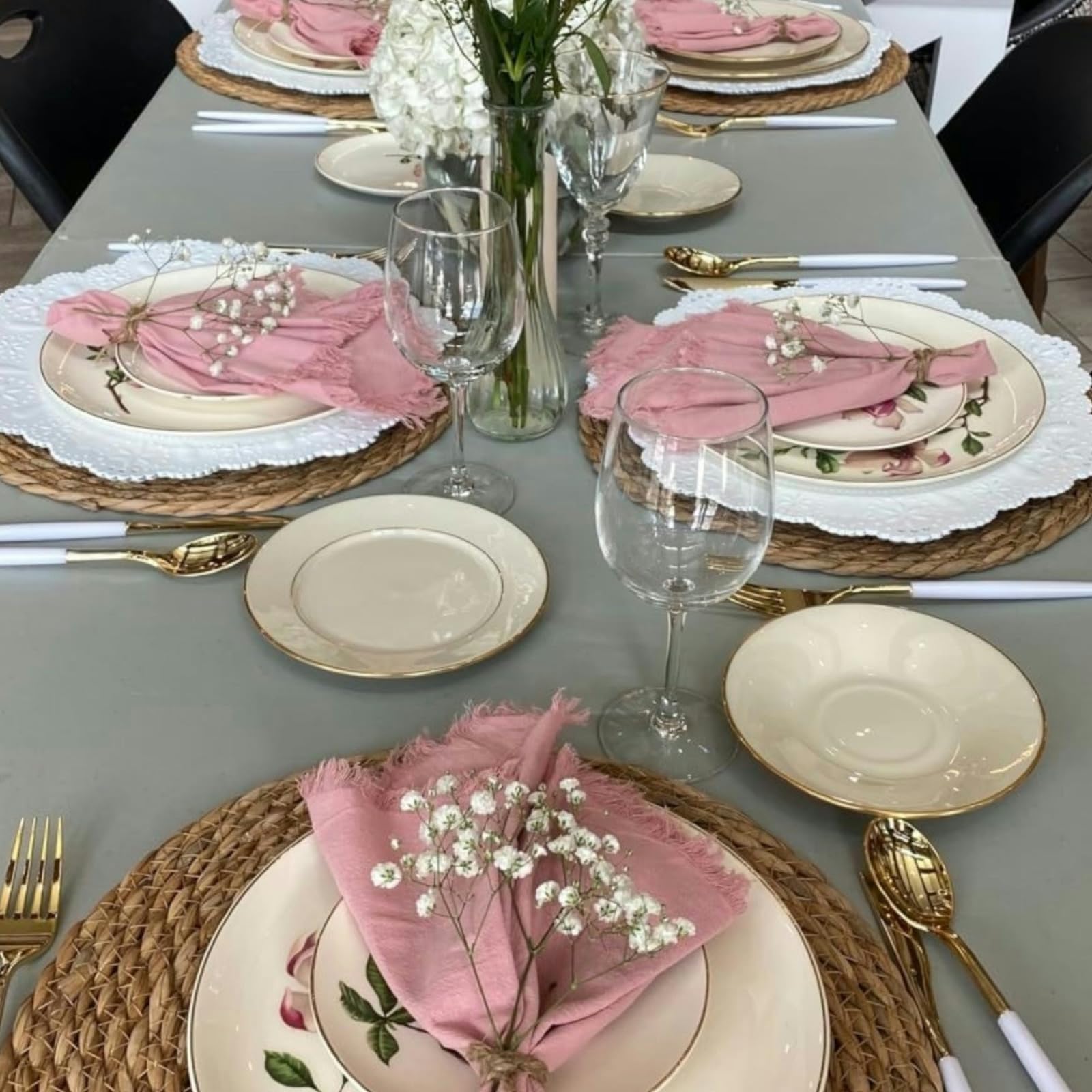 Conjunto de 4 manteles redondos de ratán Qavinch, estilo bohemio para comedor
