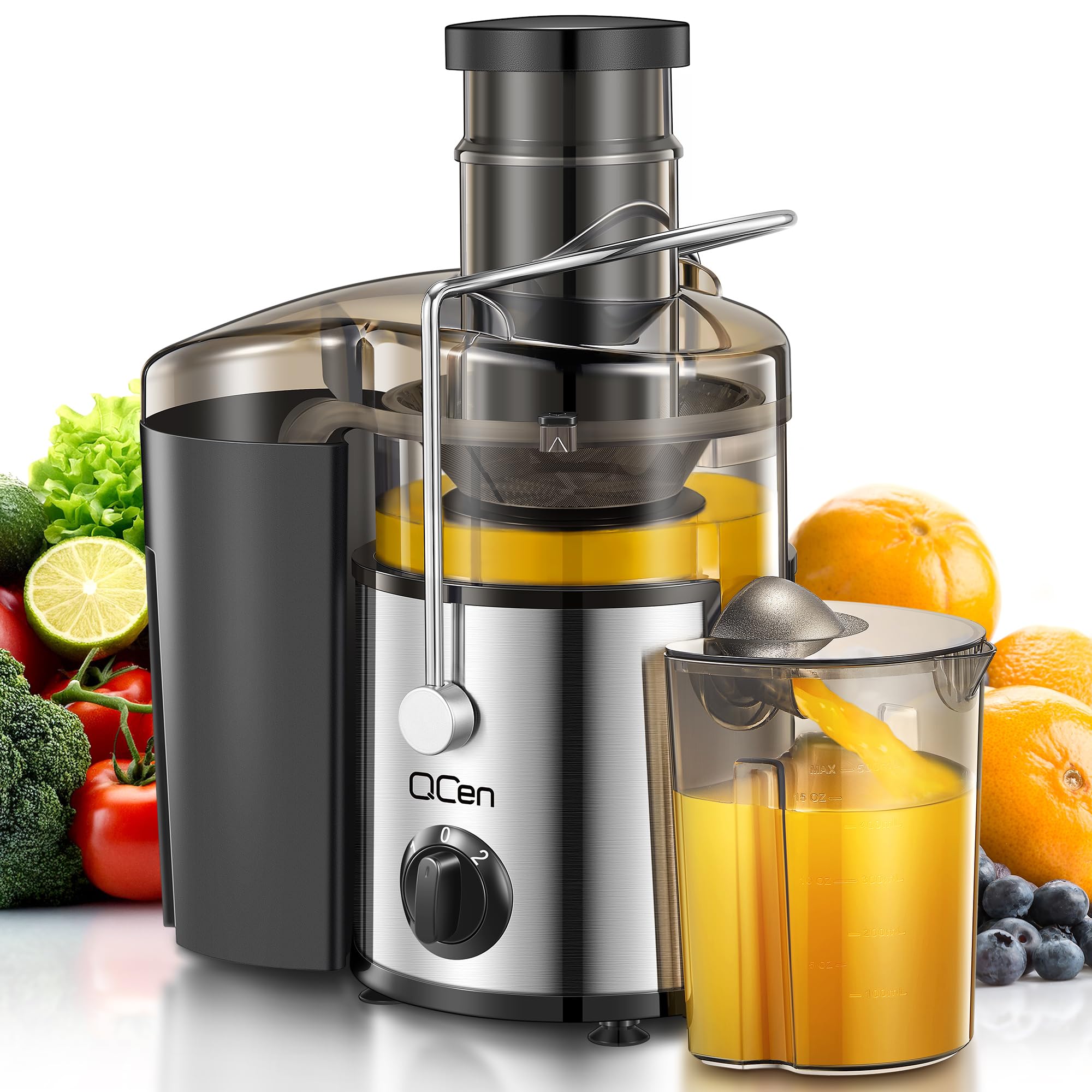 QCen Exprimidor centrífugo 500 W con boca ancha facilita jugos rápidos