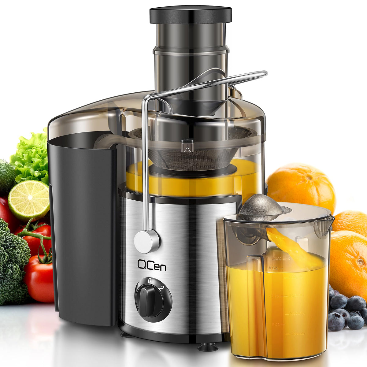 QCen Exprimidor centrífugo 500 W con boca ancha facilita jugos rápidos