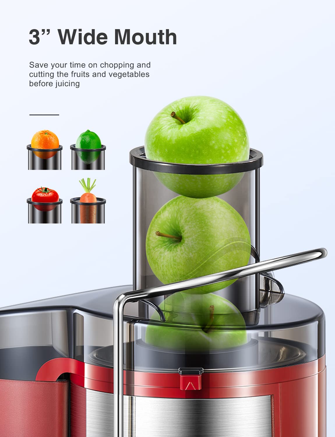 QCen extractor de jugos con boca ancha de 3 pulgadas para preparar jugos más rápido.