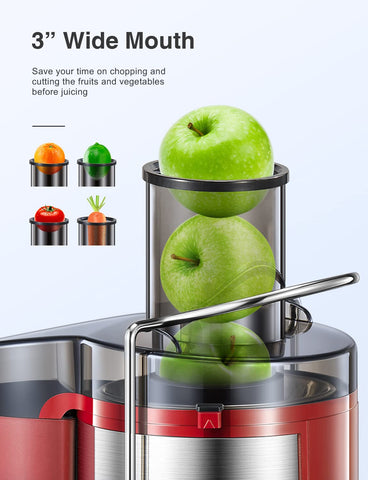 QCen extractor de jugos con boca ancha de 3 pulgadas para preparar jugos más rápido.