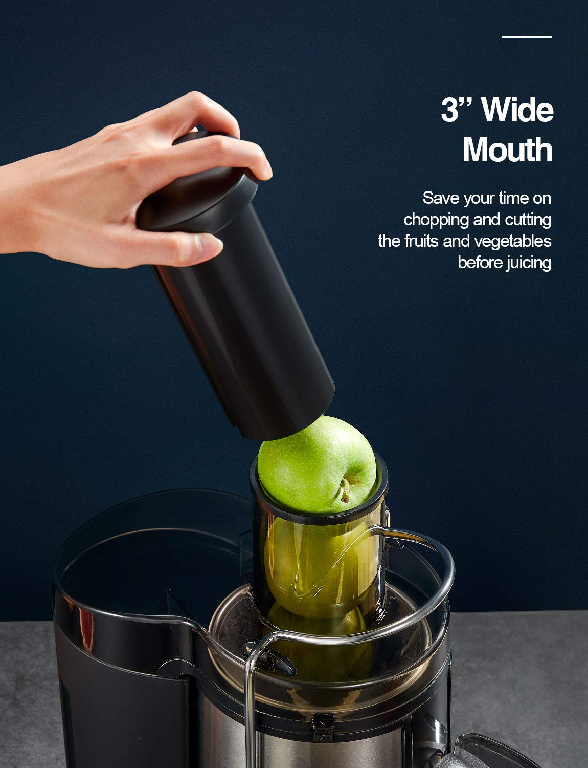 Qcen Extractor centrífugo de jugos con boca de 3 pulgadas facilita introducir frutos enteros.