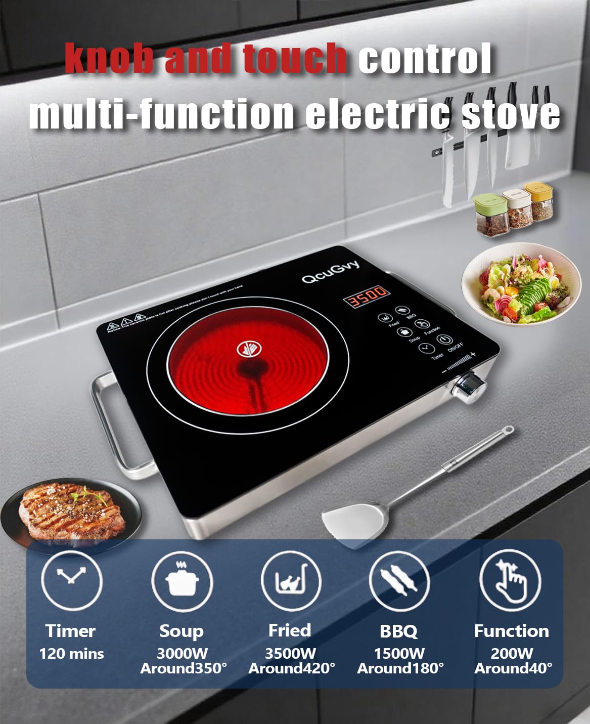 QcuGvy ajuste de calor, rango de 200 a 3500 W para varias recetas.
