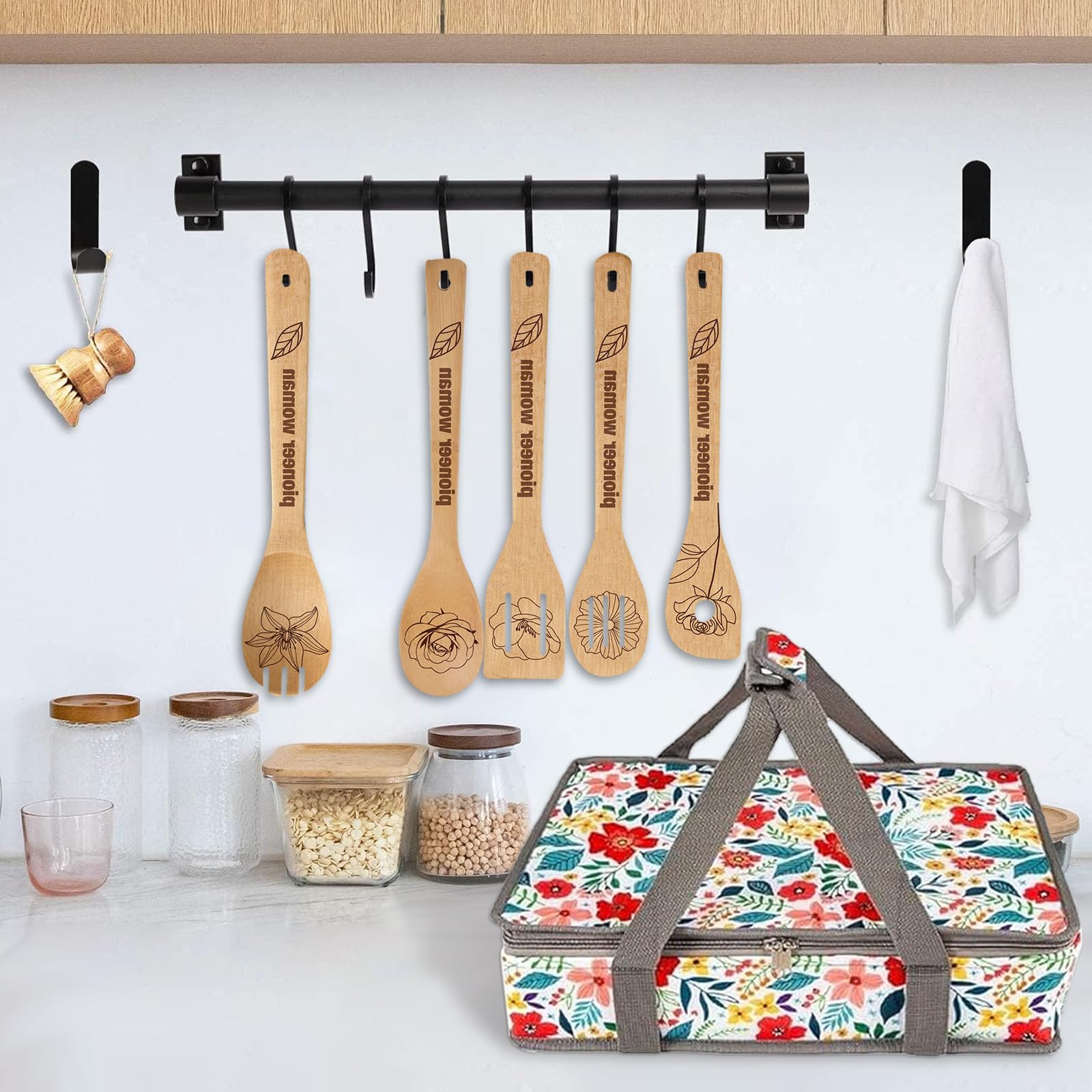 QEES juego de cucharas de madera, práctico para cocinar y servir.