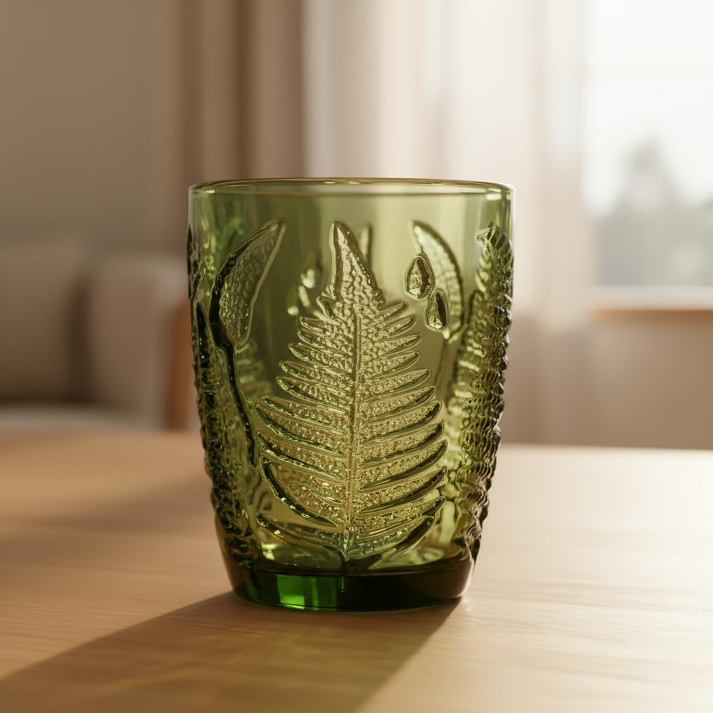 Vaso verde intenso de QELVIO, color duradero para la mesa.