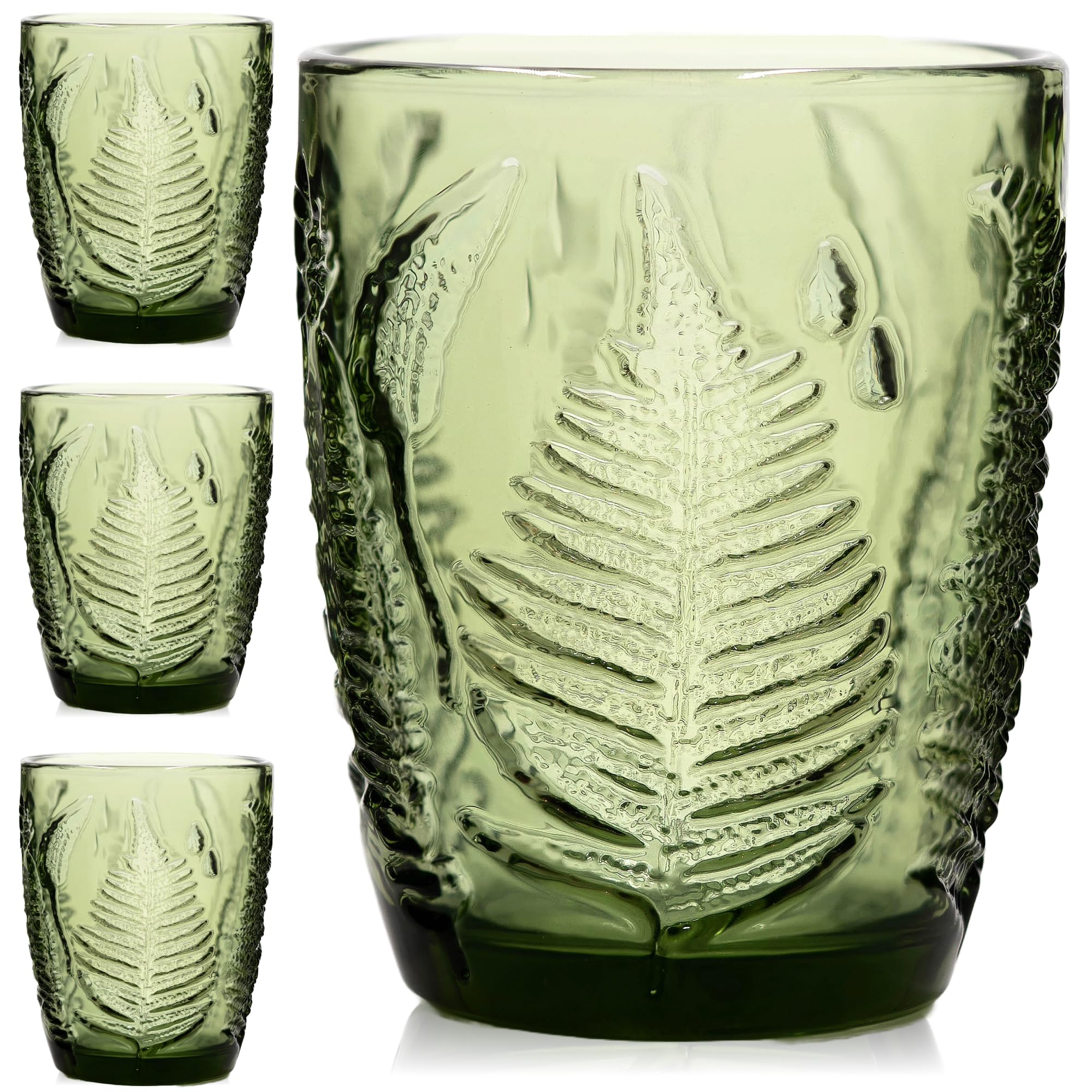 Vasos QELVIO con relieve de helecho, perfectos para cócteles en casa.
