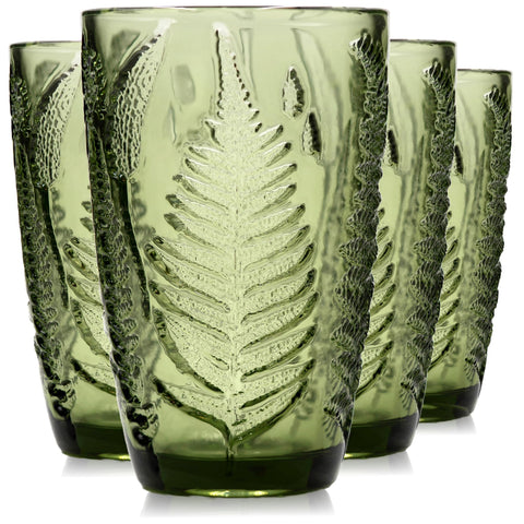 Vasos QELVIO verdes con textura de helecho, ideal para uso diario
