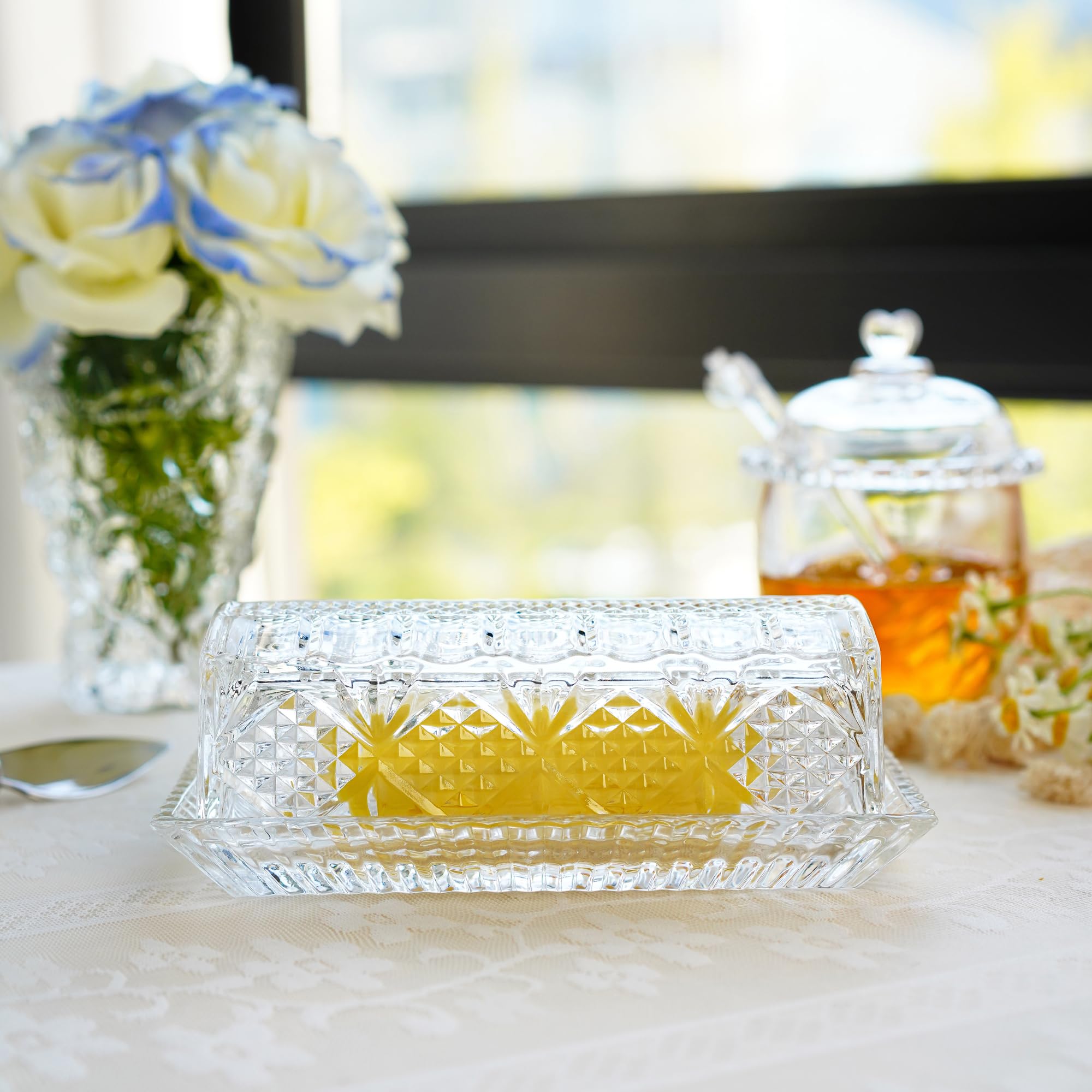 QFkris mantequera de cristal con tapa en el refrigerador, conserva la frescura.