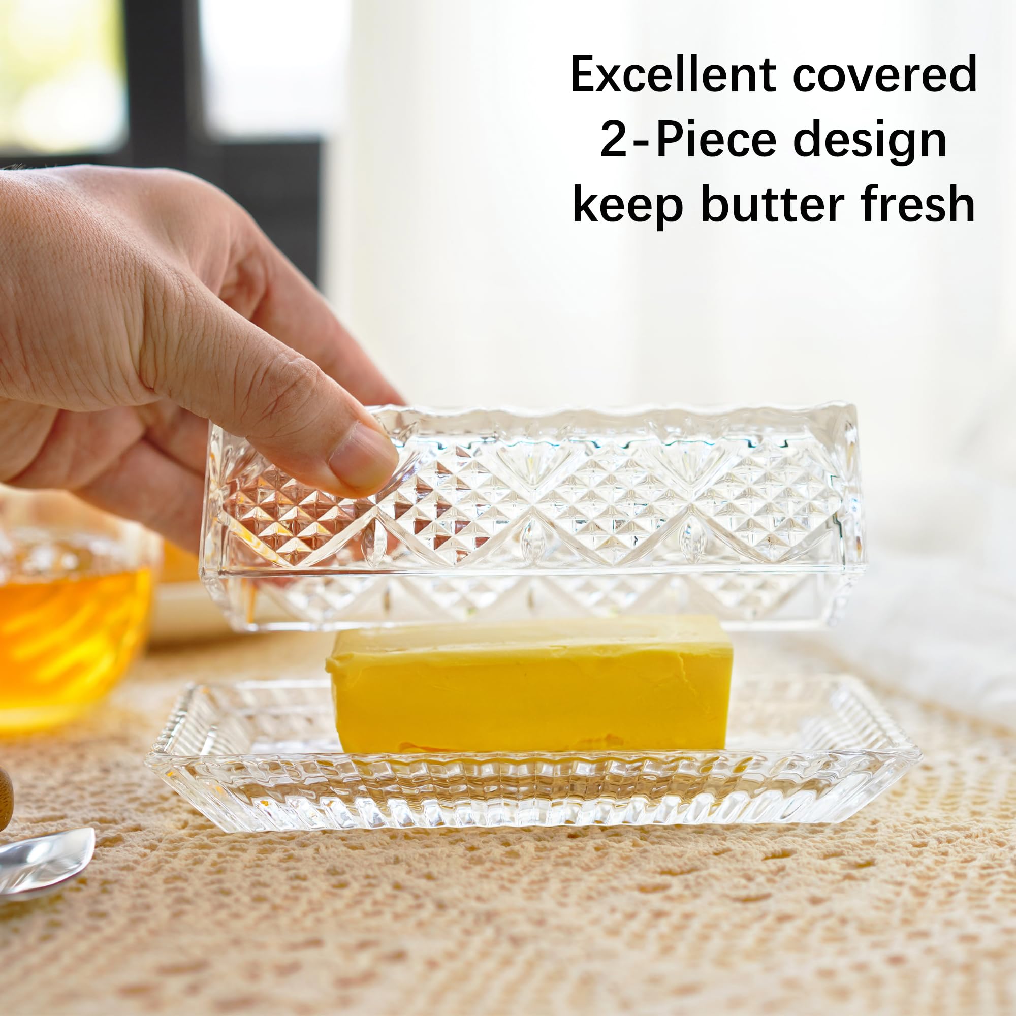 QFkris mantequera de cristal con tapa rectangular, tamaño práctico para la mesa.