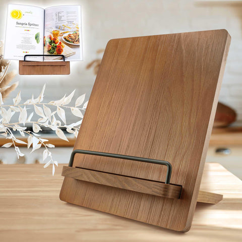 Qiang Ni libro de recetas con atril de cocina en madera para lectura clara.