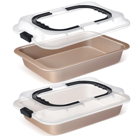 Bandeja Qinyoung para bizcochos rectangulares con tapa dorada, ideal para hornear.