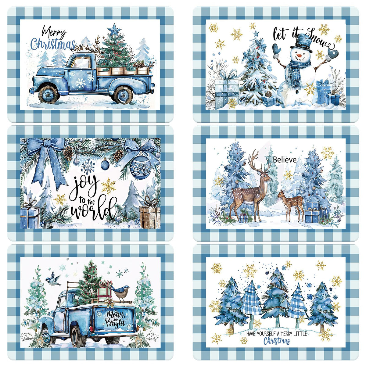 Manteles navideños Qinyoung con diseño acuarela azul: árbol y nieve para mesa festiva.