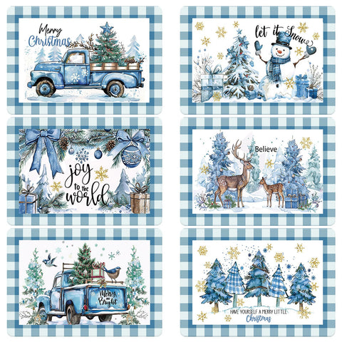 Manteles navideños Qinyoung con diseño acuarela azul: árbol y nieve para mesa festiva.