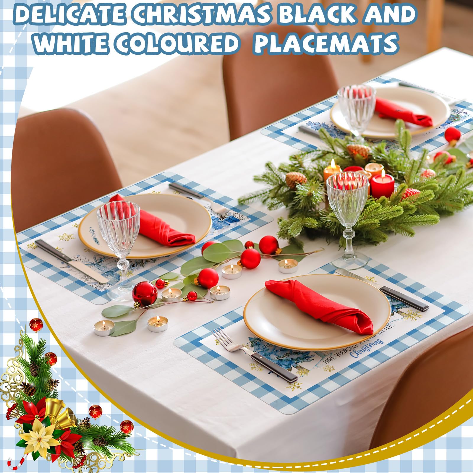 Brillante diseño navideño en azul: añade color y calidez a cualquier mesa.
