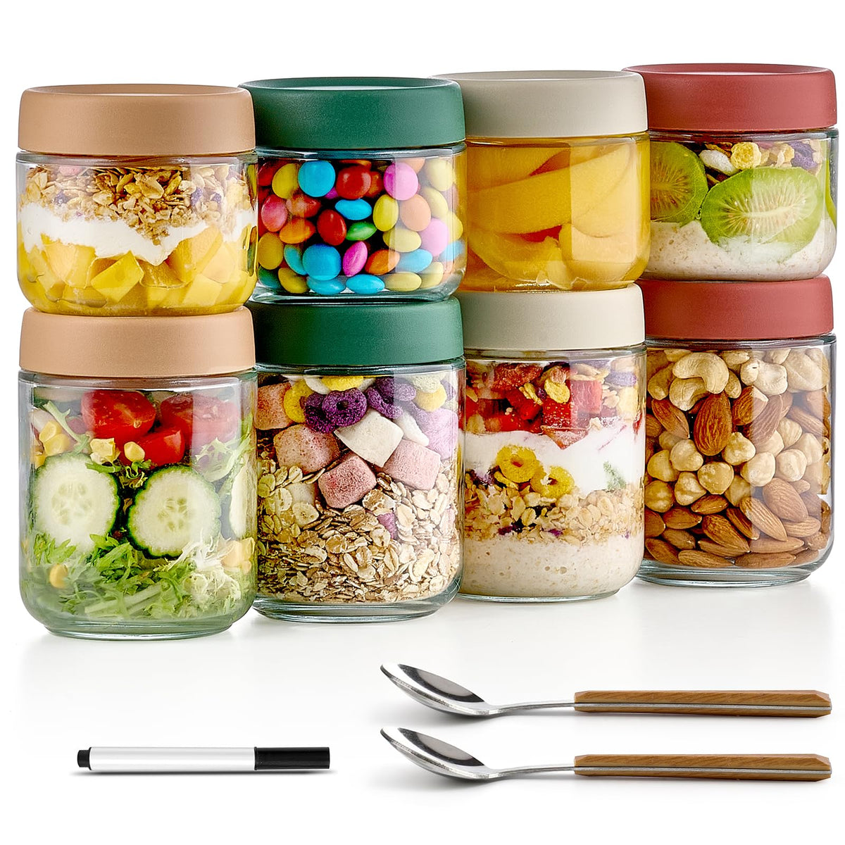 Qipecedm tarros de vidrio 16oz y 10oz, aptos para desayunos para llevar y almacenamiento.