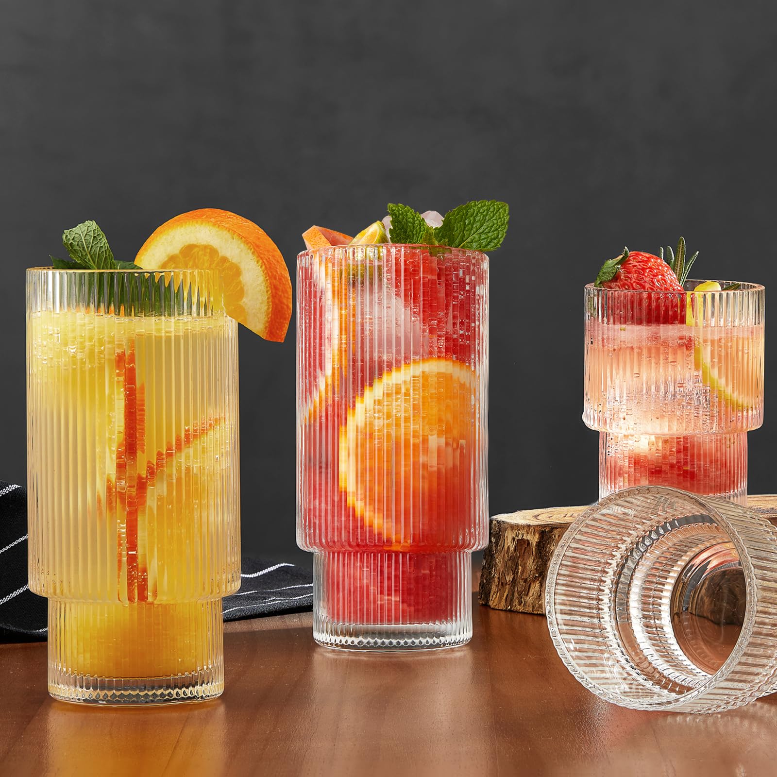 Qipecedm vasos altos cristal vintage estriado 16oz para bebidas frías.