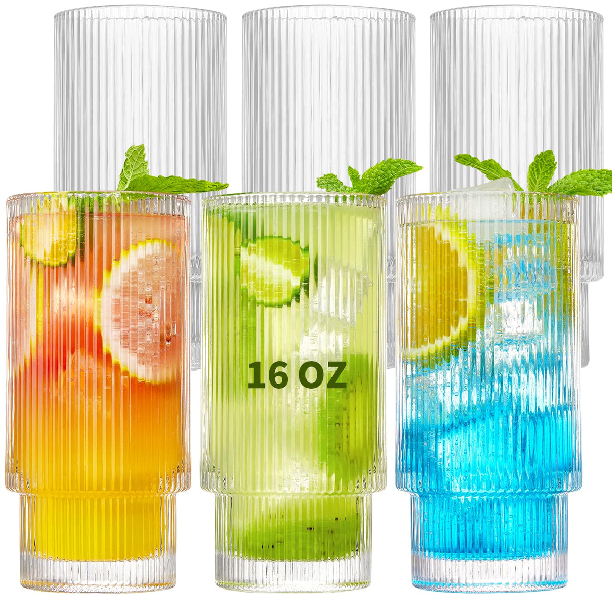 Qipecedm vasos cristal estriados 16oz, conjunto de 6 para cócteles y bebidas.
