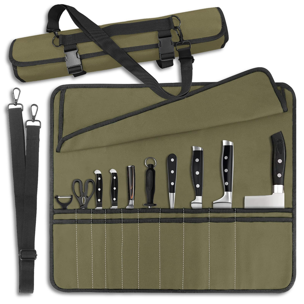 QIQU Bolsa Army Green, vista frontal, ideal para transportar cuchillos de chef con seguridad