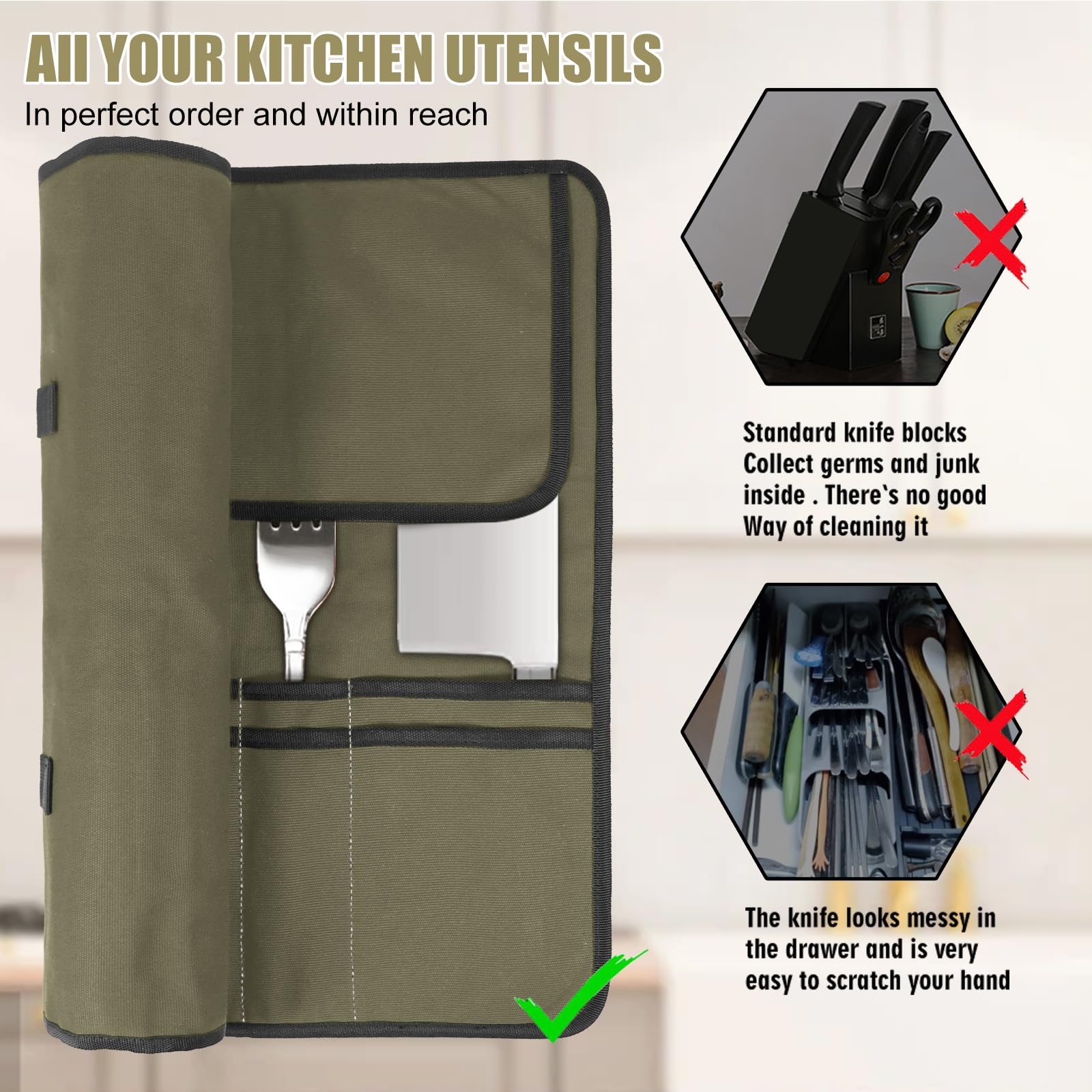 QIQU Bolsa Army Green, interior, organización eficiente para herramientas de cocina
