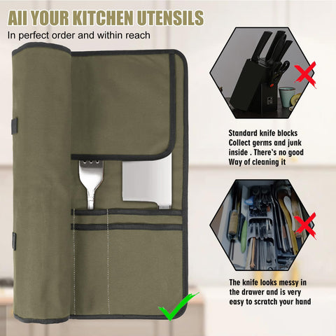 QIQU Bolsa Army Green, interior, organización eficiente para herramientas de cocina