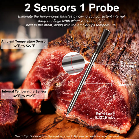 Sonda doble de QIREDA midiendo carne y temperatura ambiente.