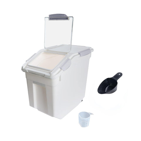 Contenedor Qiveno para harina, ruedas y tapa hermética; ideal para uso diario.