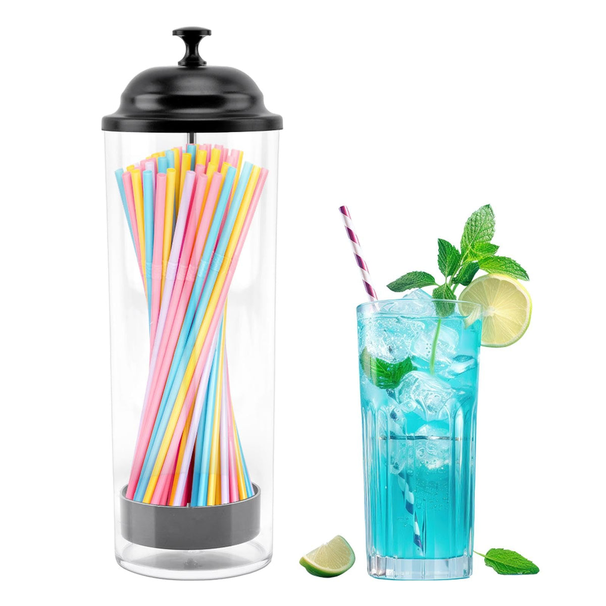 QKDS dispensador de pajillas con tapa de acero inoxidable negro para acceso rápido y limpio