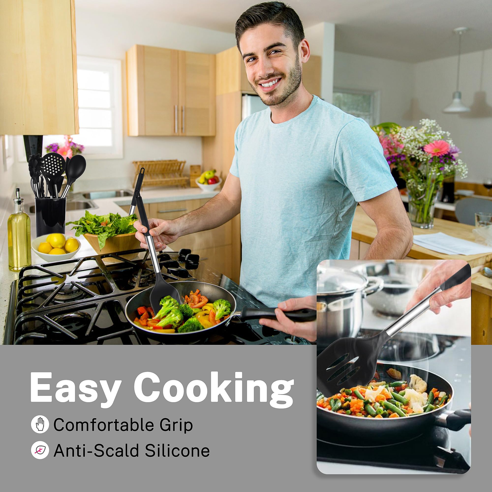 QMVESS mango de acero inoxidable con silicona, agarre cómodo para cocinar de forma segura