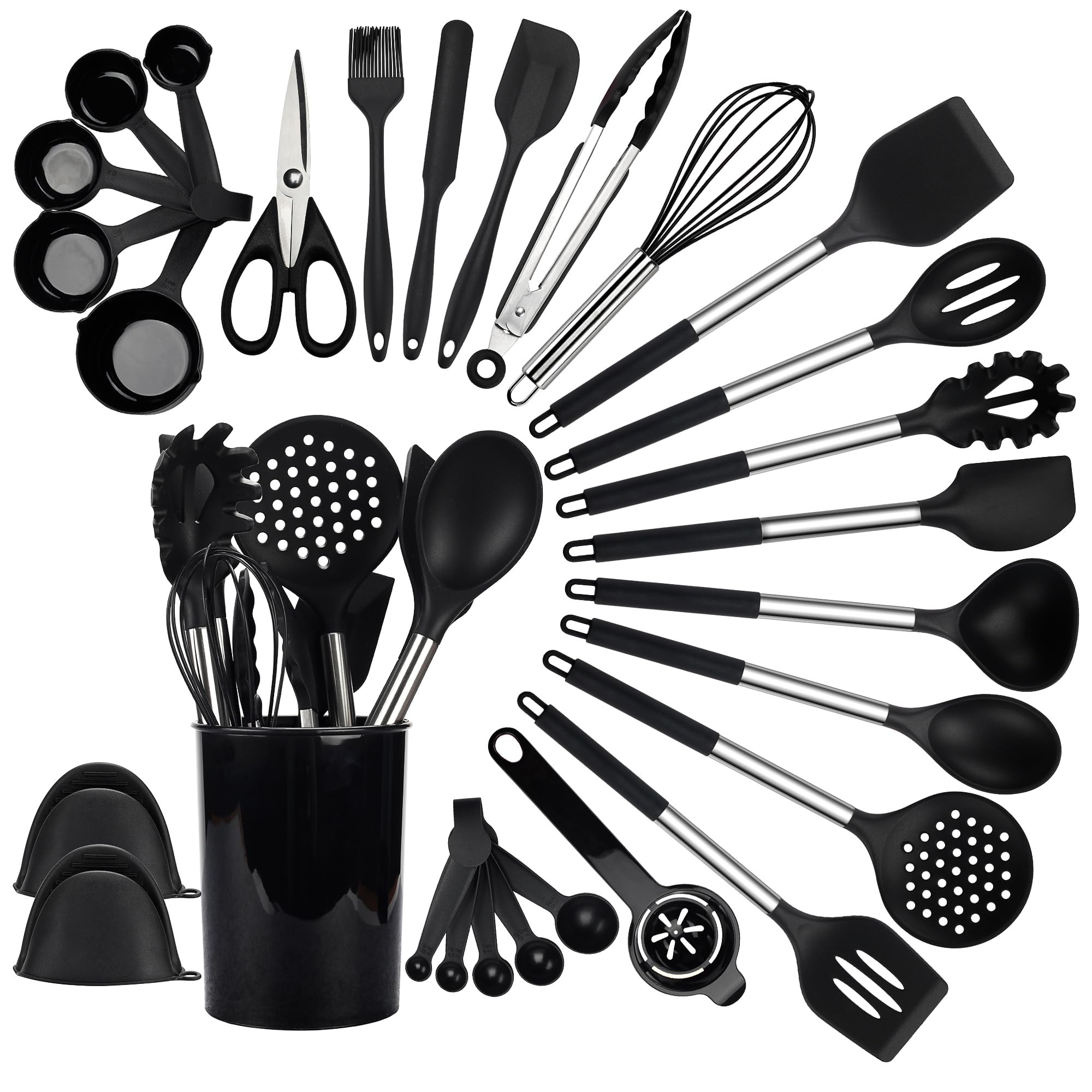 QMVESS set de utensilios de silicona 28 piezas, vista frontal, ideal para evitar rayar ollas