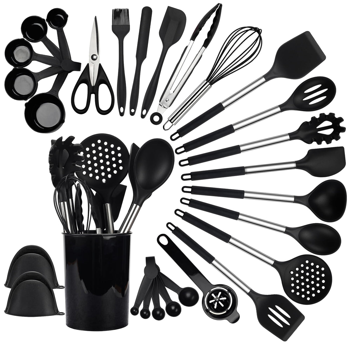 QMVESS set de utensilios de silicona 28 piezas, vista frontal, ideal para evitar rayar ollas