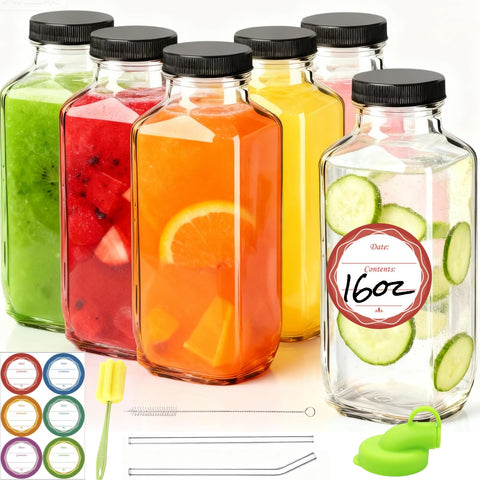 Botellas QPCMV de vidrio de 16 onzas con tapas, listas para zumos y batidos sin derrames.