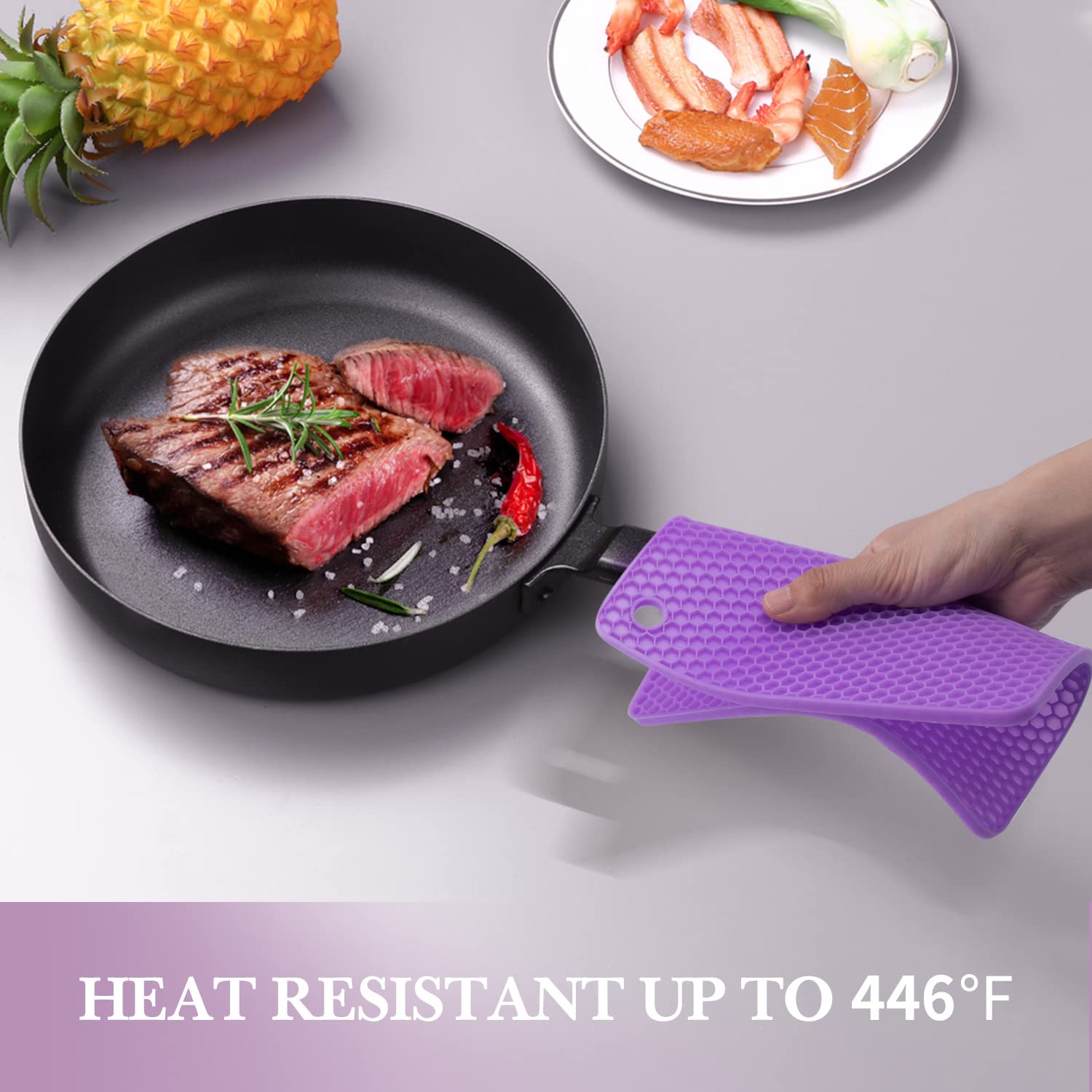 QPIX DIGITAL posaplatos de silicona morada, apilable para cocinas pequeñas y ordenadas.