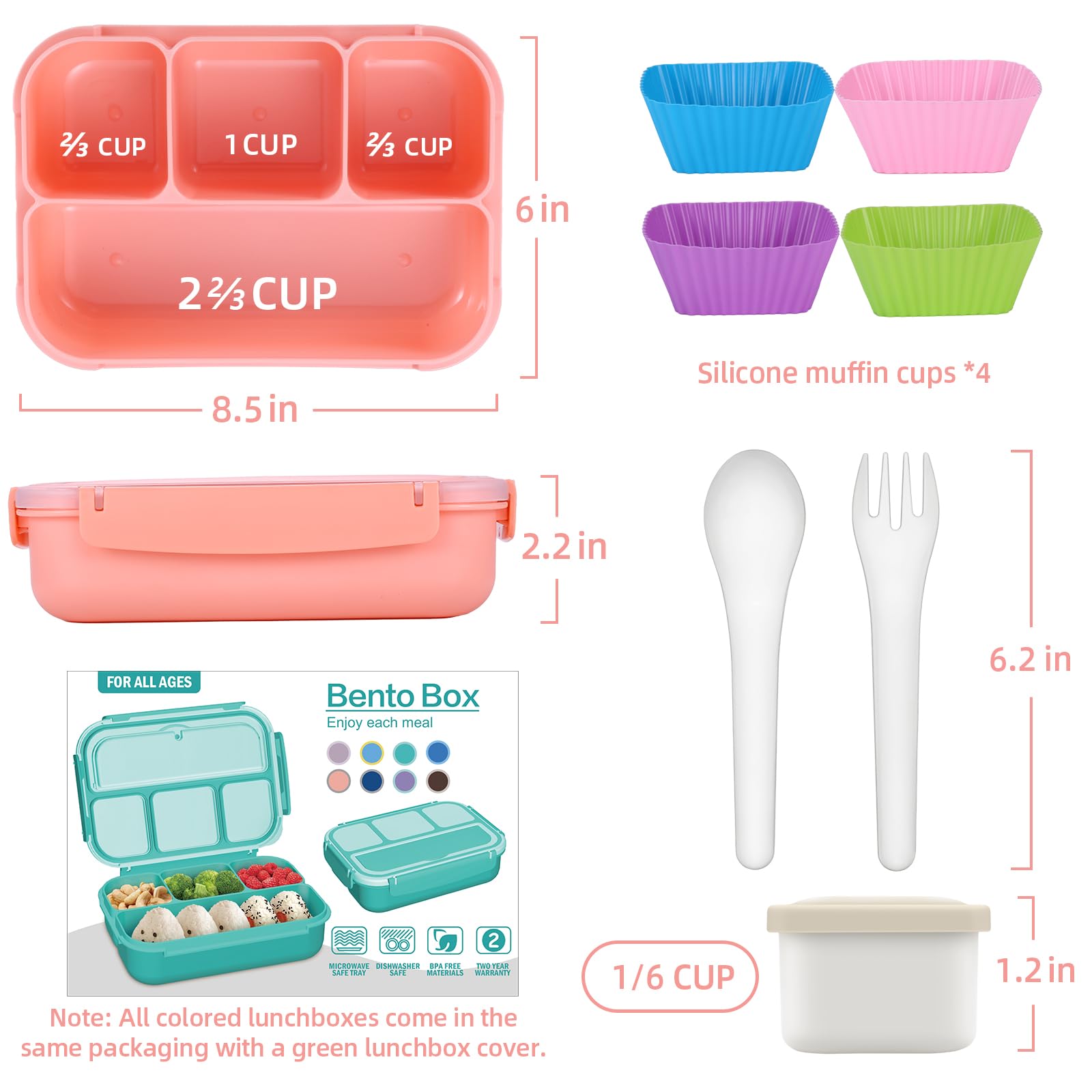 QQKO Bento Box, contenedor de salsa separado para aderezos.