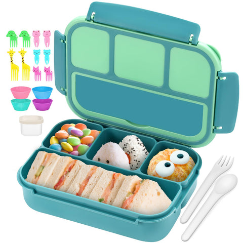 QQKO Bento box para niños con 4 compartimentos para almuerzos escolares, ordenados.