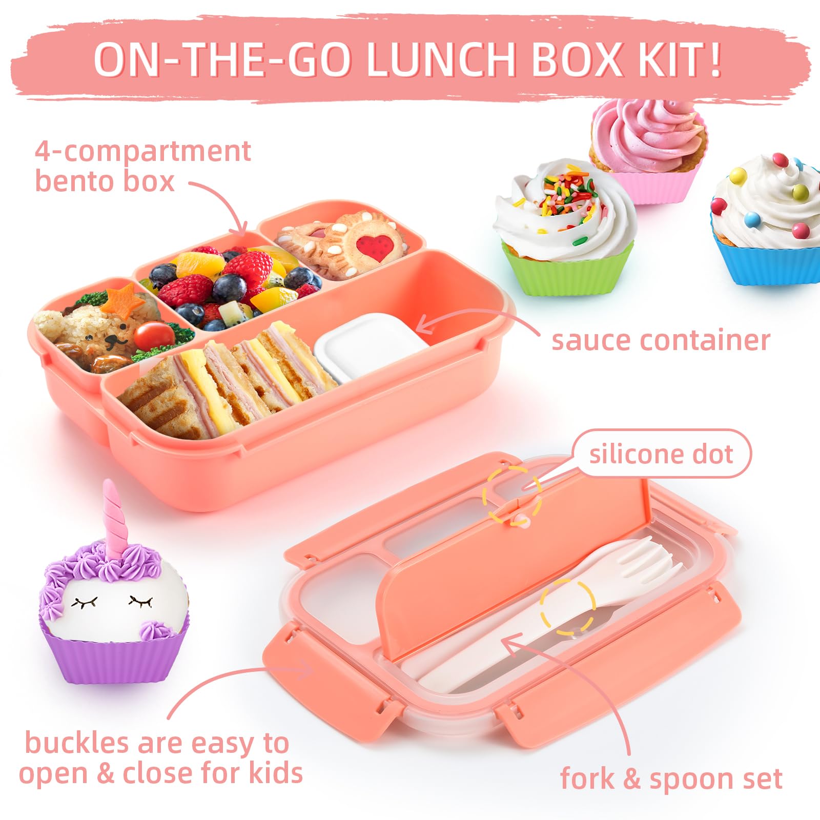 QQKO Bento Box incluye cubiertos y tazas para magdalenas, listo para comer.