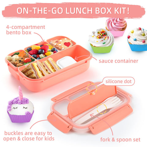 QQKO Bento Box incluye cubiertos y tazas para magdalenas, listo para comer.