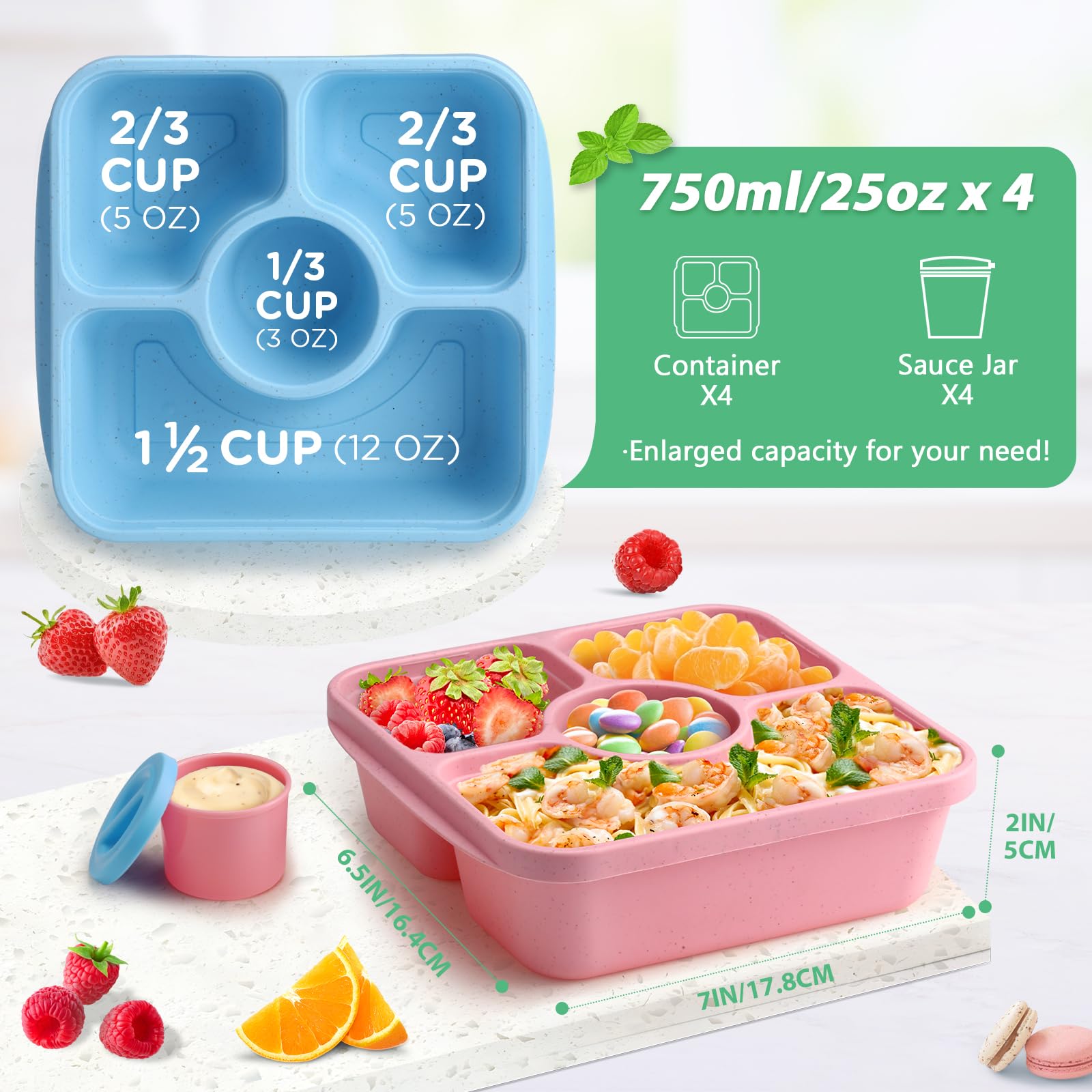 QQKO Bento capacidad 750 ml y 3+1 compartimentos para comidas variadas