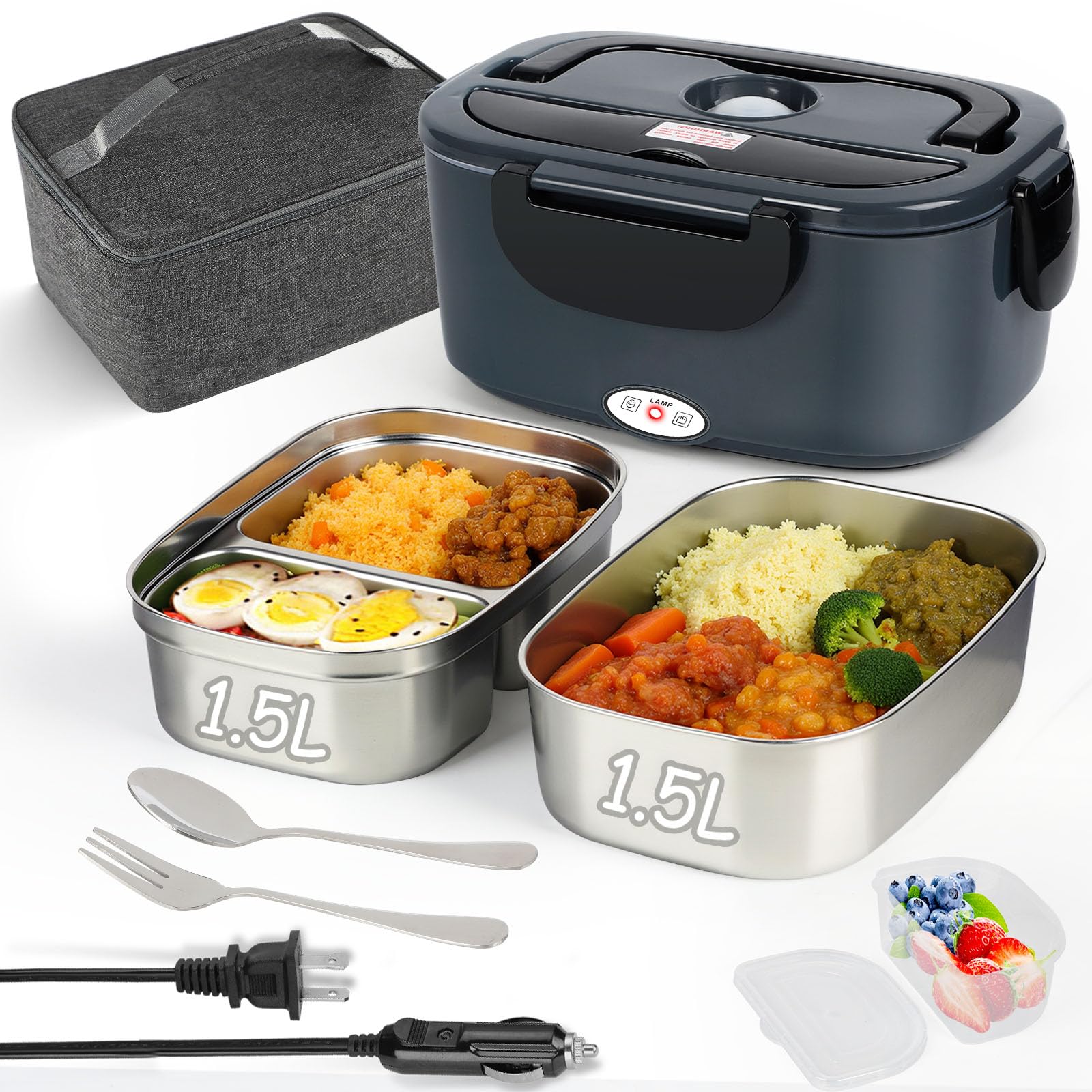 Qrastlu almuerzo eléctrico 1-5l con doble contenedor, práctico para comidas en casa o trabajo.