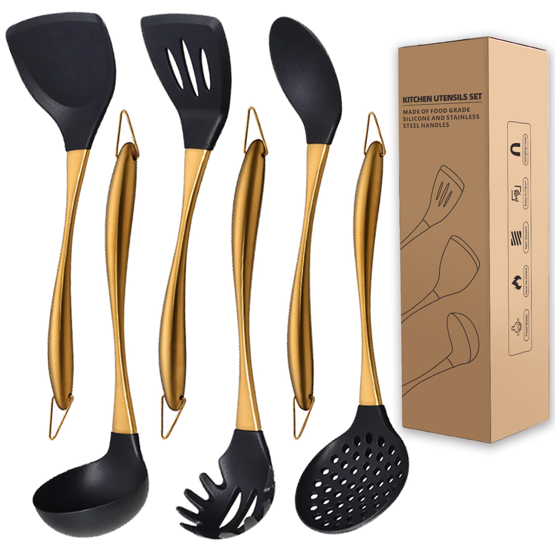 QRU pala con ranuras para voltear y drenar alimentos, utensilio de cocina de color dorado.