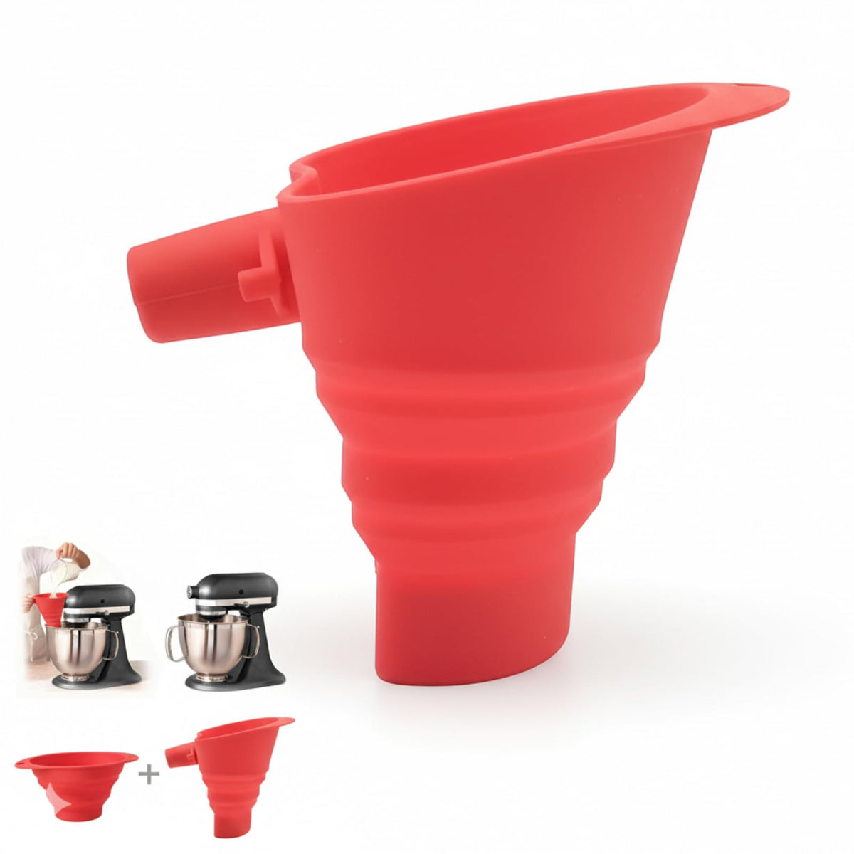 Qtaikong embudo de harina para KitchenAid rojo, vertido limpio y sin salpicaduras.