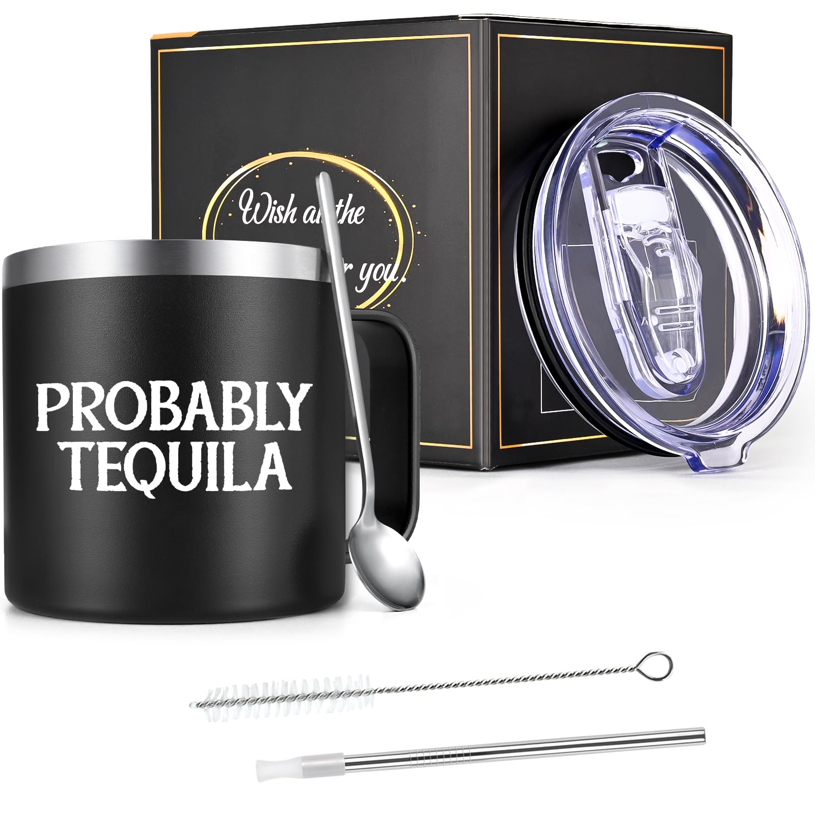 Qtencas taza aislada tequila, lateral negro, mantiene la temperatura.
