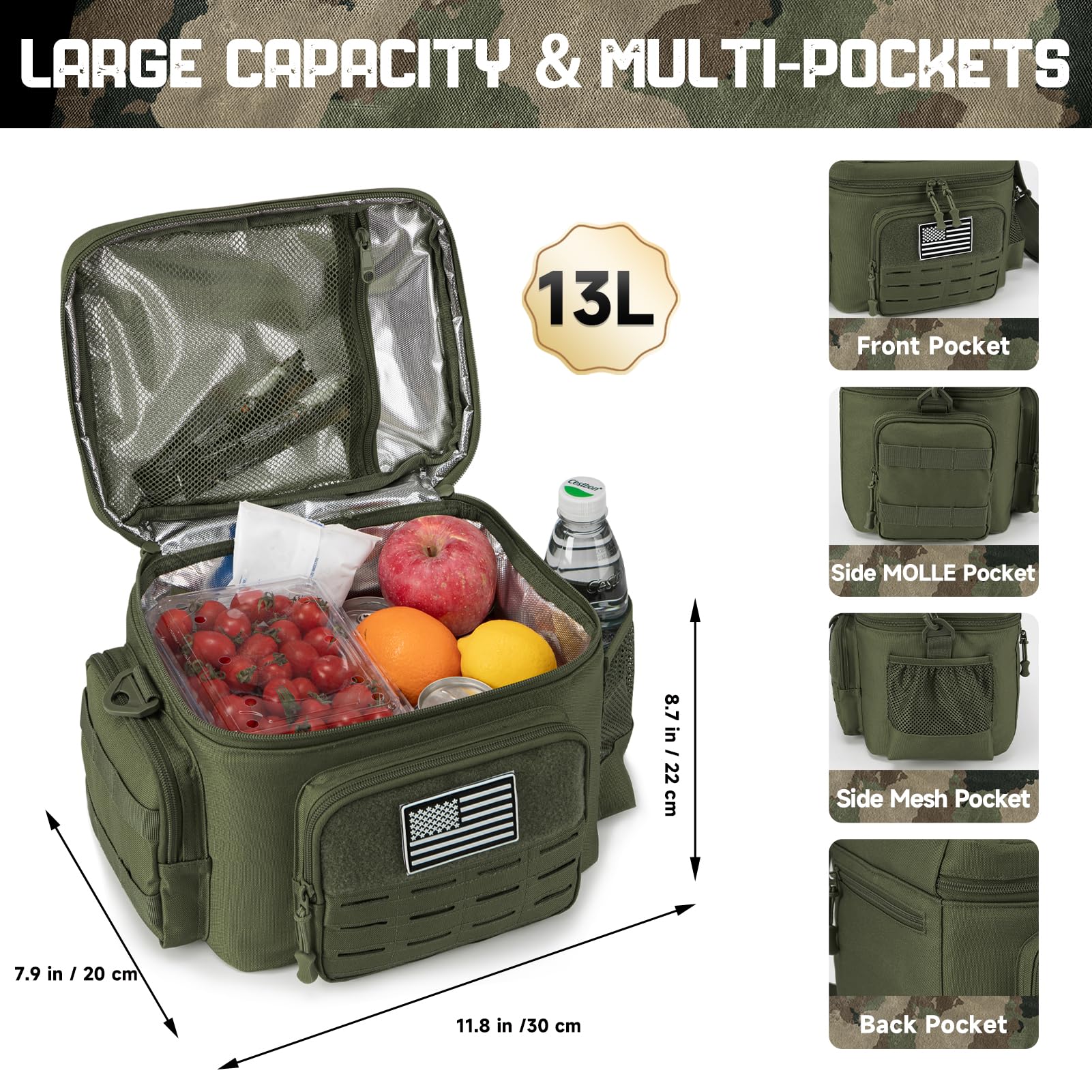 QT&QY bolsa táctica para almuerzo con bolsillo frontal para acceso rápido.