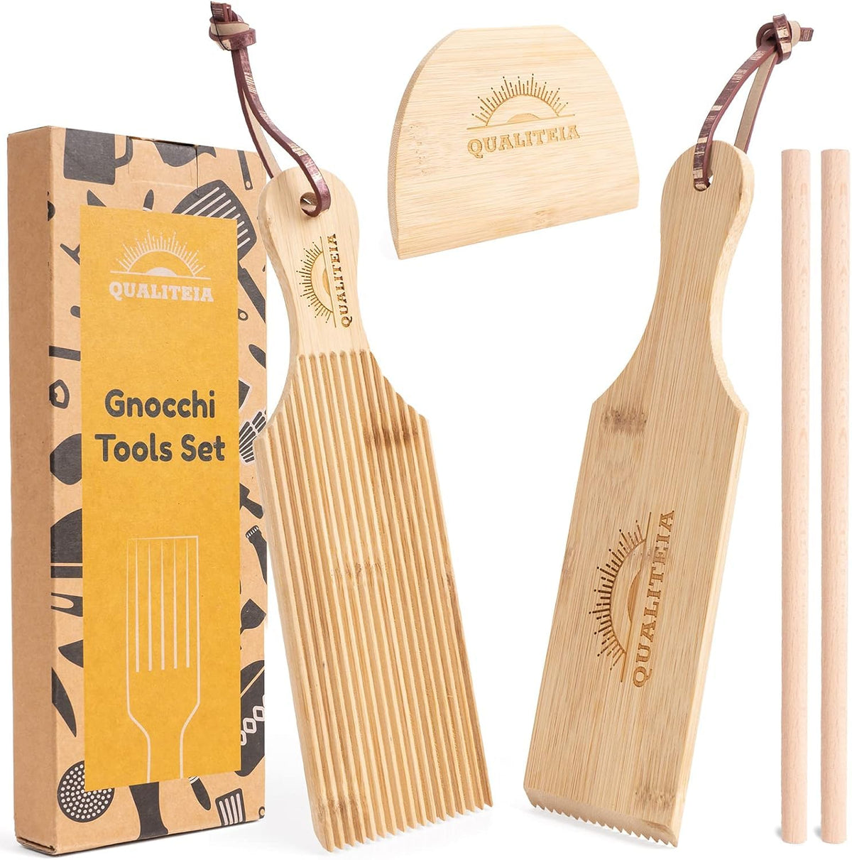 QUALITEIA tablero gnocchi madera textura ridged para pasta y salsa