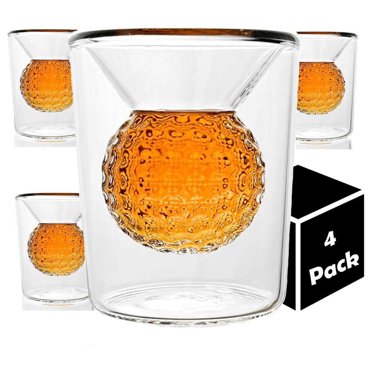 Quantum Lux vaso chupito frontal con bola de golf, ideal para reuniones.