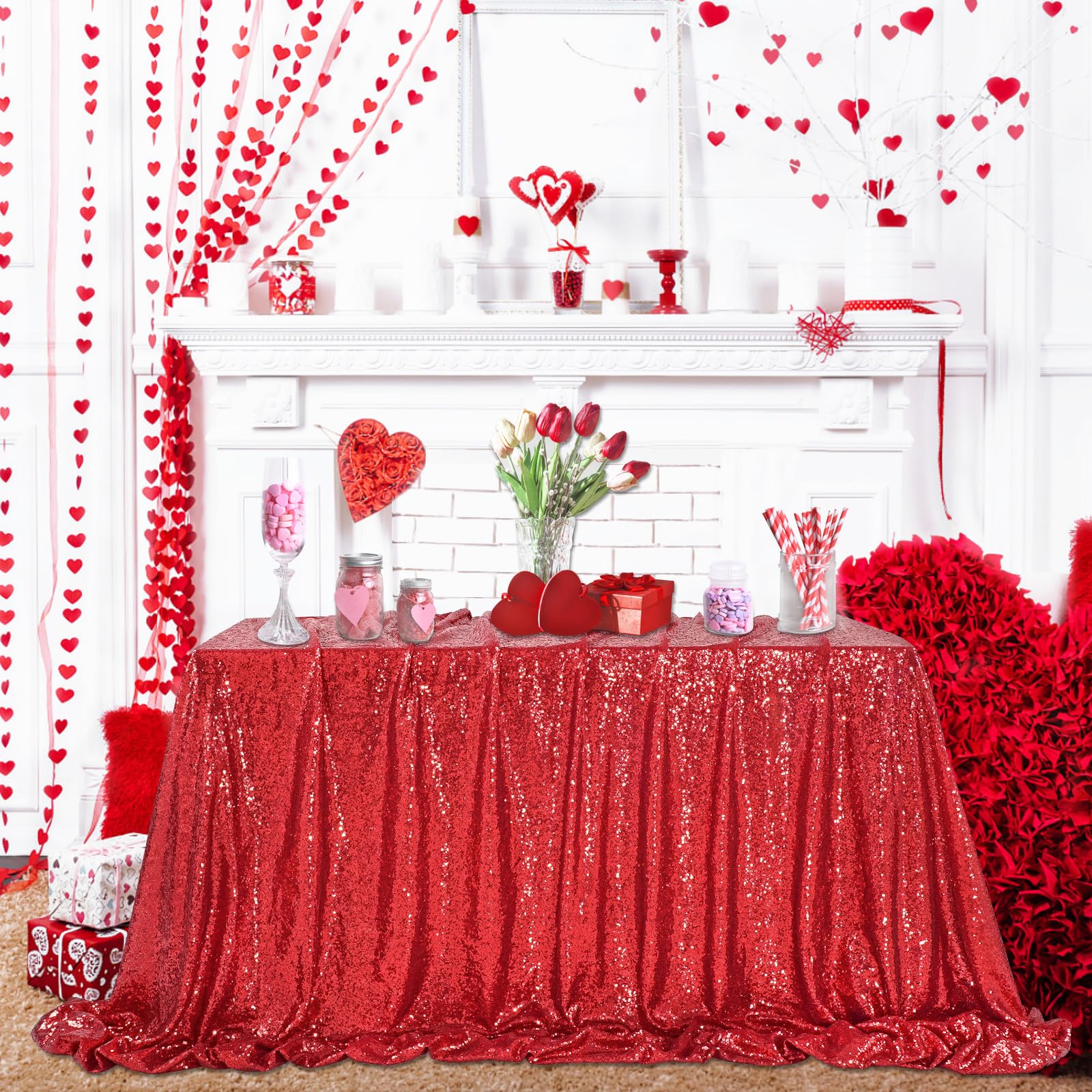 Boda elegante con mantel lentejuelas QueenDream en rojo.