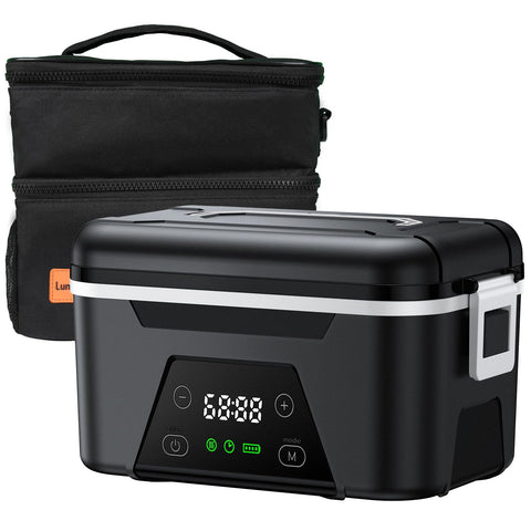 Quessa caja almuerzo inalámbrica negra, vista frontal, ideal para comidas calientes fuera de casa.