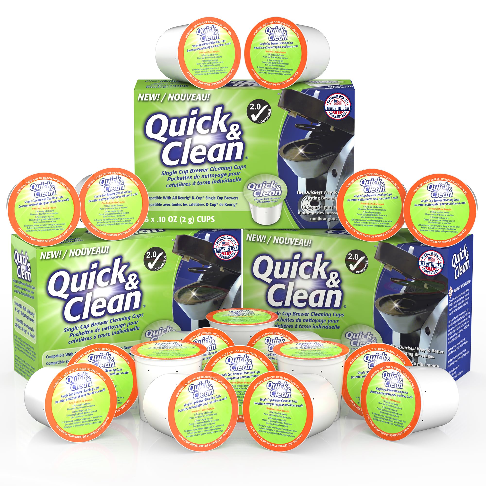 Quick & Clean: cápsulas de limpieza para Keurig frente al empaque, limpieza rápida.