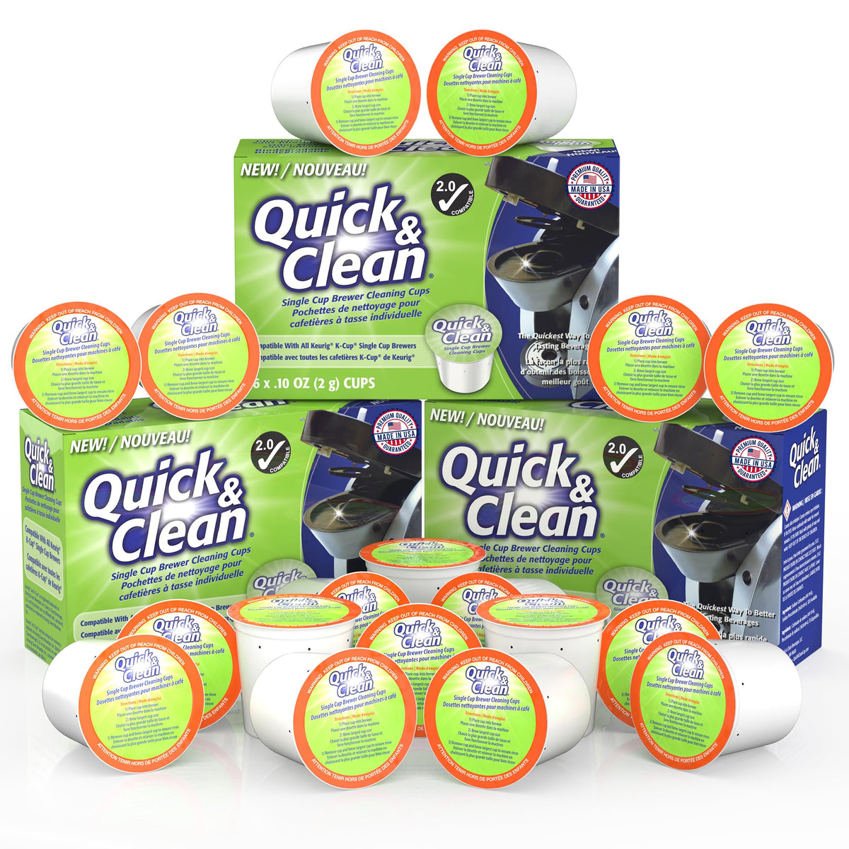 Quick & Clean: cápsulas de limpieza para Keurig frente al empaque, limpieza rápida.