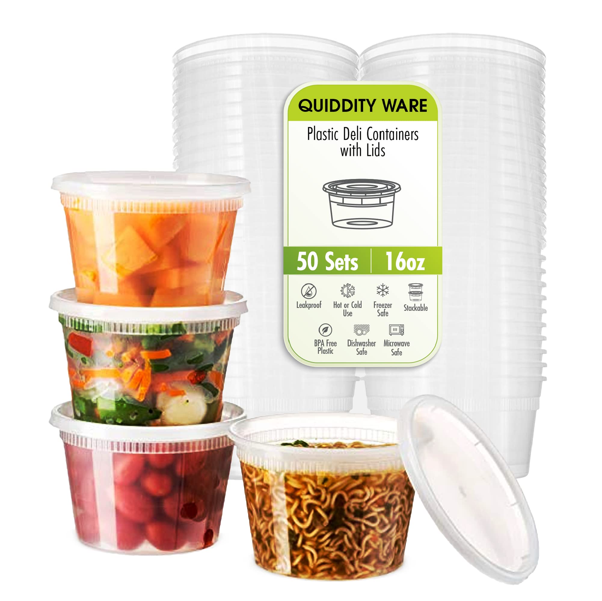 Contenedores QUIDDITY WARE deli 16oz transparentes para identificar rápidamente el contenido.