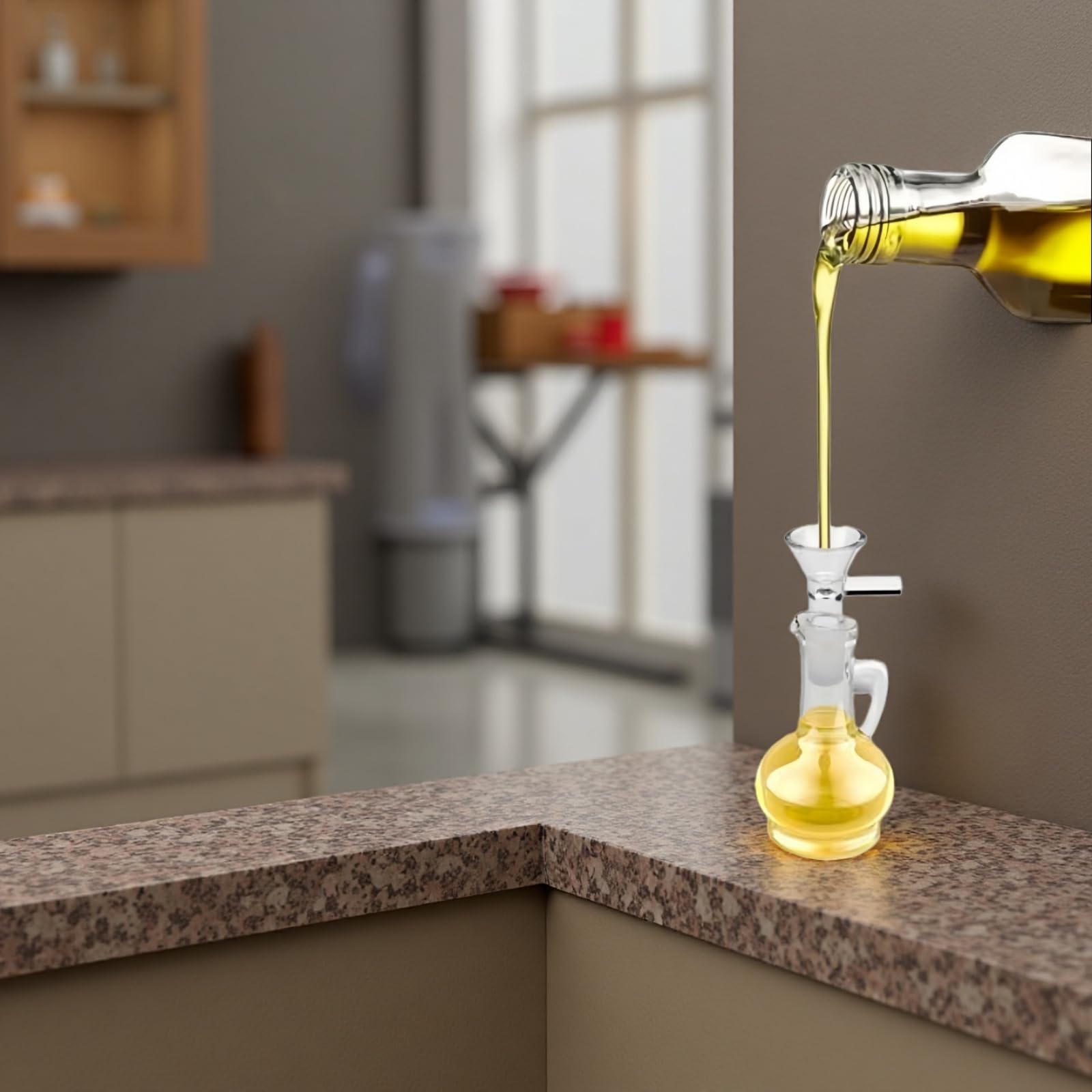 Qulfimea embudo de vidrio en acción, ideal para aceites y vinagres.